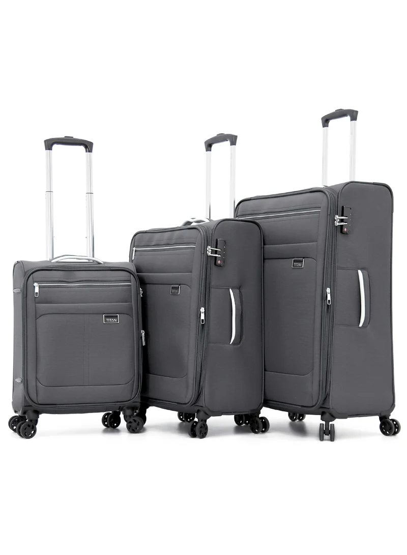 تيتان TITAN 3-Piece Soft Trolley Luggage Set,TSA Lock, Double Spinner Wheels, (GREY)